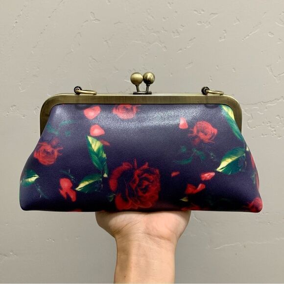 Handmade Genuine Leather Rose Printed Clutch/Shoulder Bag/Crossbody/Evening Bag - Picture 1 of 16